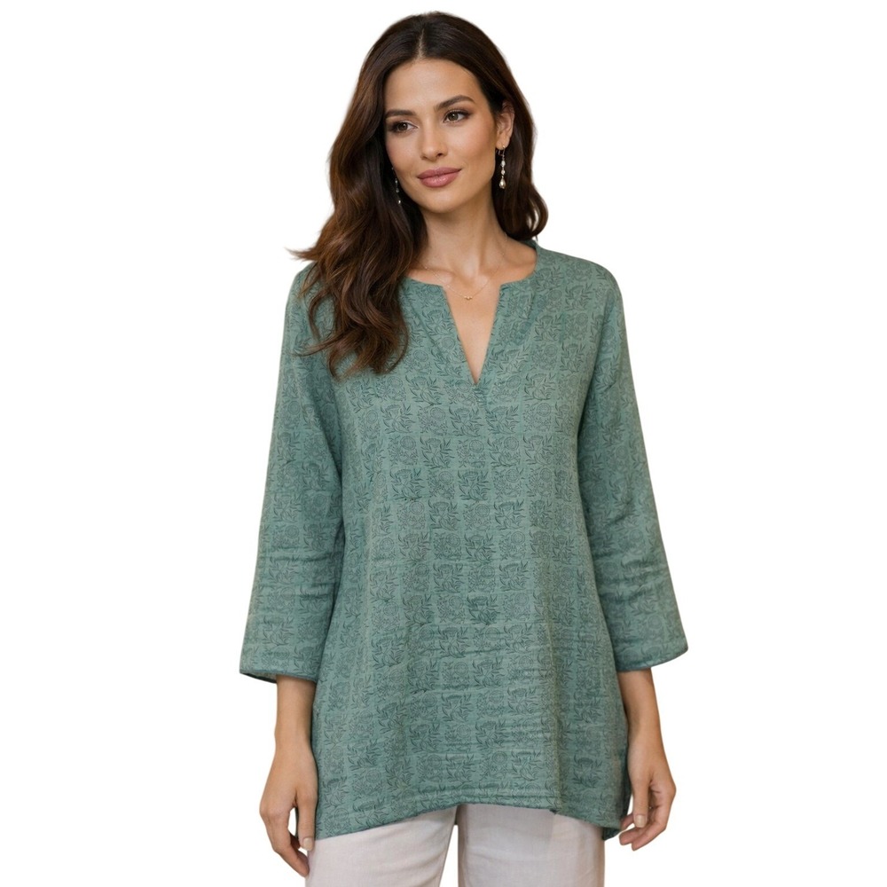 Tulsi Online Boho Tunic Size L Green Floral Block Print Flowy Minimalist Blouse